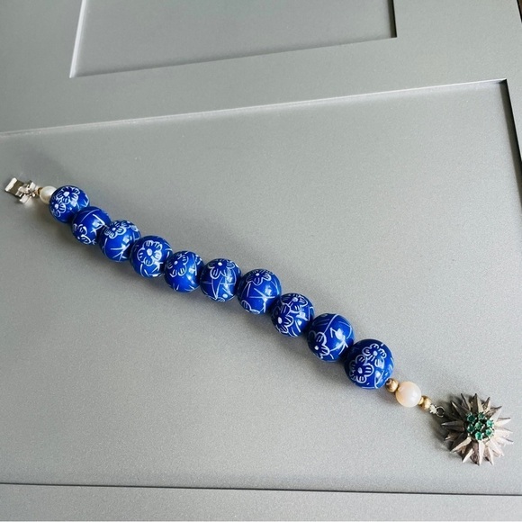 14K Gold Emerald Clasp Pearl Blue Floral Porcelain Bead Bracelet & Neckl…